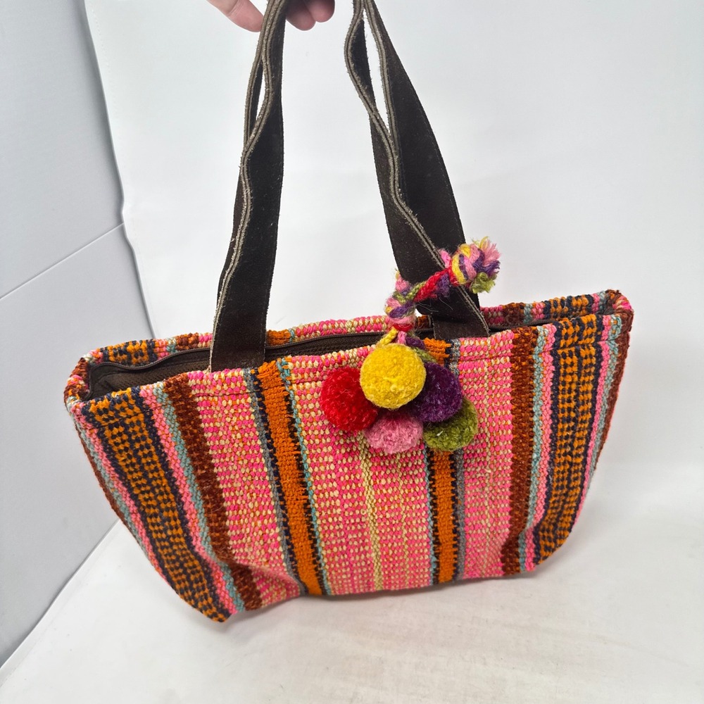 Peruvian Connection Handwoven Tote Bag Pink Striped Wool Pom Pom Boho Artisan - Picture 4 of 12